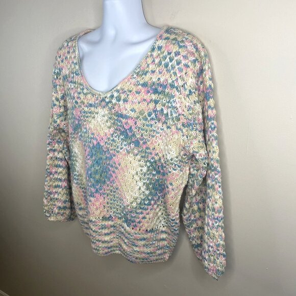 Vintage Womens Chunky Baggy Crochet Pullover Sweater Large Pastel Hipster Comfy - Picture 6 of 9